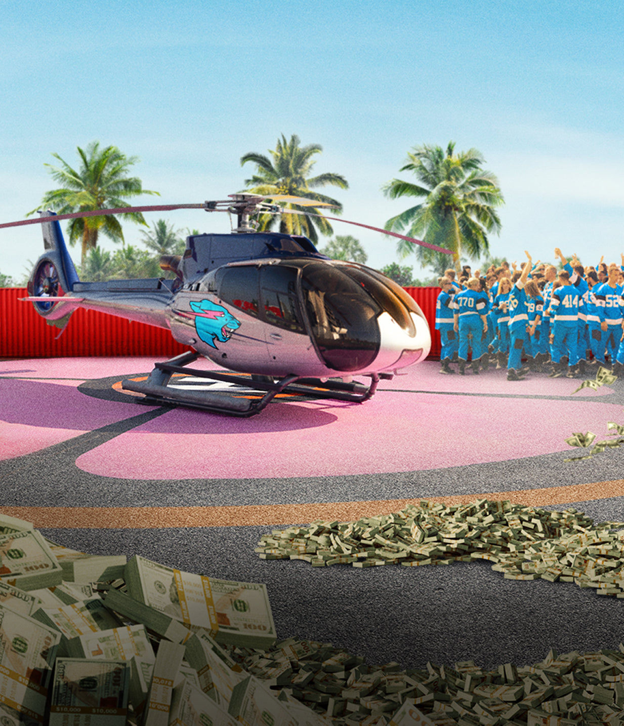 Beast Games helicopter on the helipad.
