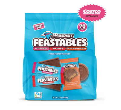 Packaging of Mr. Beast Feastables Club Snack-Size Variety Pack with Costco exclusive label. USCL2322.
