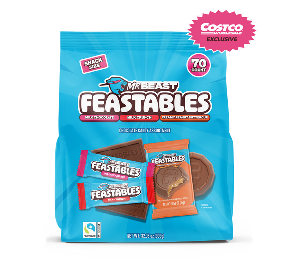 Packaging of Mr. Beast Feastables Club Snack-Size Variety Pack with Costco exclusive label. USCL2322.