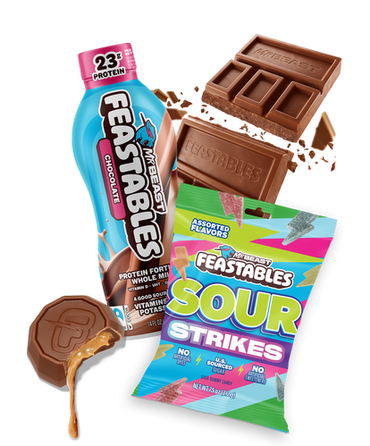 An assortment of Feastables treats, including: Chocolate milk, Sour strikes gummies, creamy peanut butter cups and a milk chocolate bar.