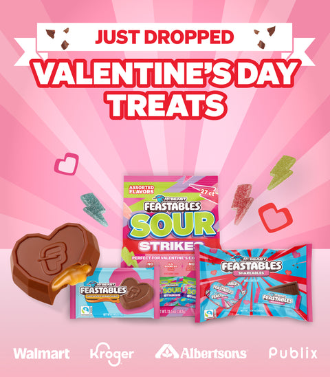 JUST DROPPED: VALENTINE'S DAY TREATS! Chocolate Caramel Hearts, Sour Strikes 27ct Treat Packs, and 22ct Milk Chocolate Shareables Bag! Available at Walmart, Kroger, Albertsons and Publix stores!